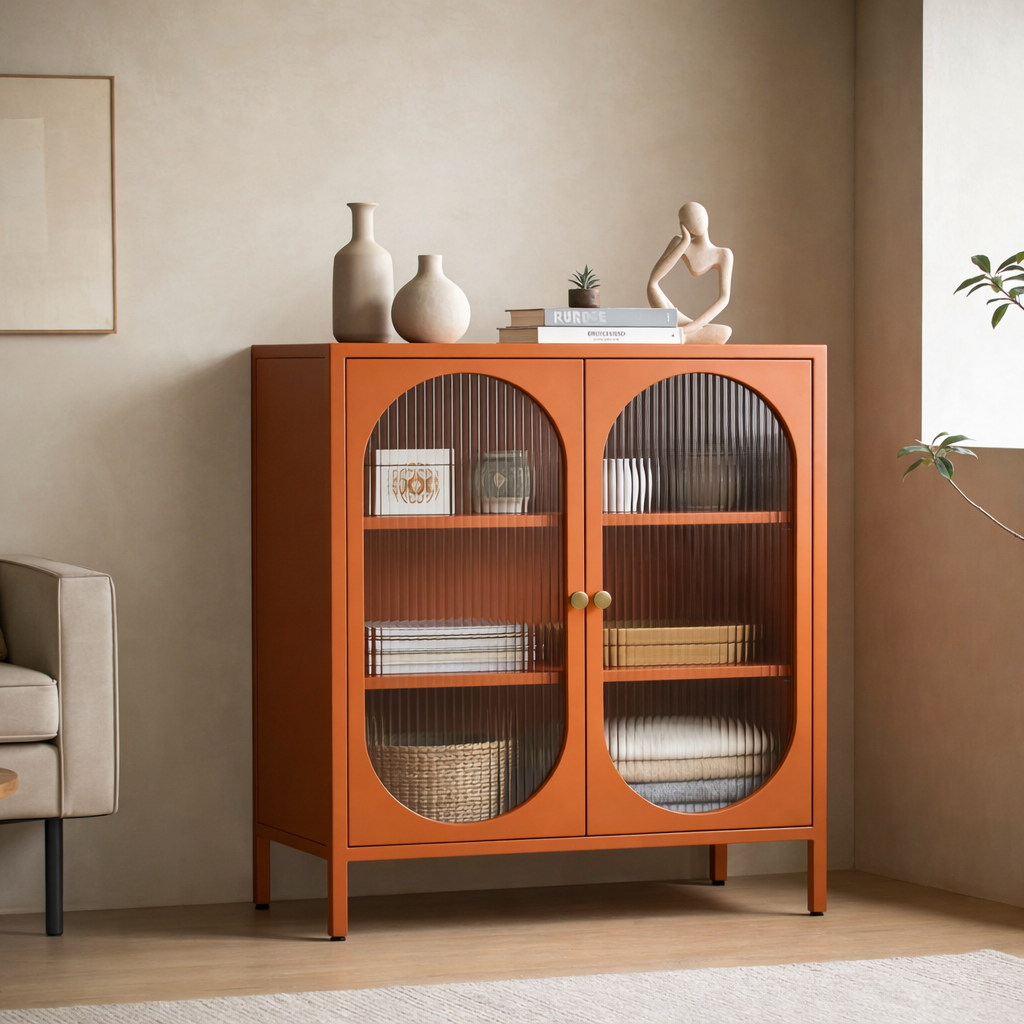 מזנון קומודה מתכת דלתות זכוכית בצבע כתום | Ember