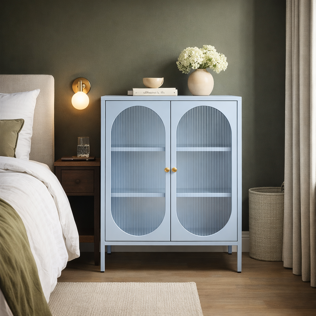 מזנון קומודה מתכת דלתות זכוכית בצבע תכלת | Ember