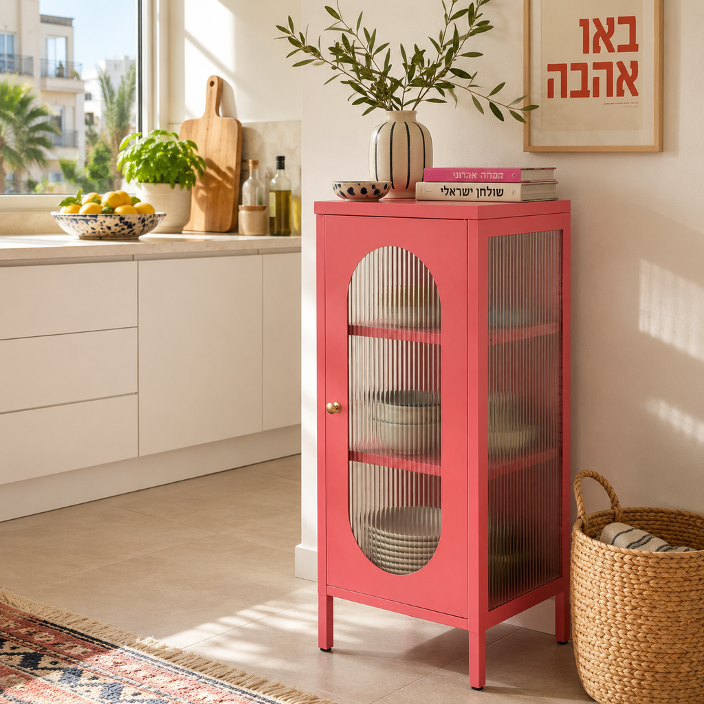 מזנון בצבע קורל עם דלת זכוכית מפוספסת במטבח, ליד סלסלת קש ושטיח