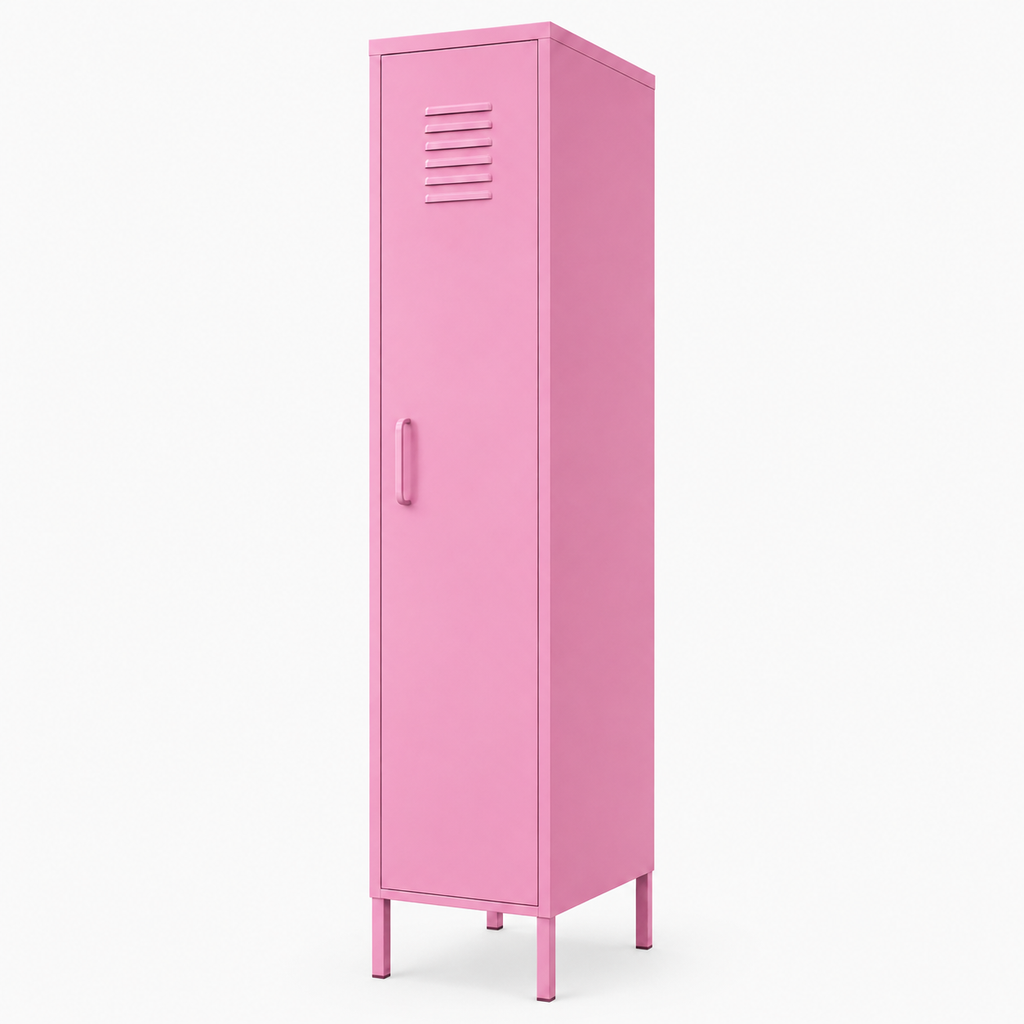 ארון לוקר מתכת ורוד עם חריצי אוורור, על רגליים, צילום מוצר