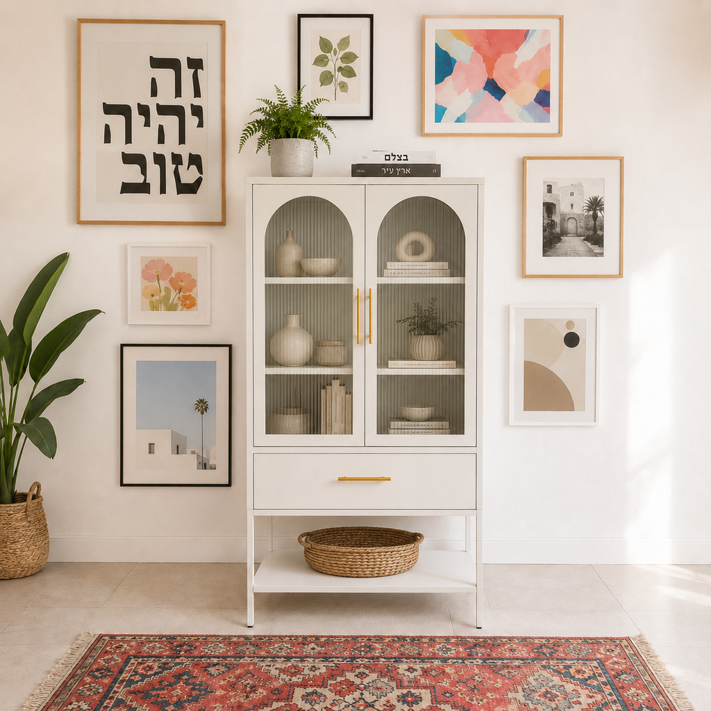 מזנון לבן עם דלתות זכוכית מפוספסת וידיות זהב, מתחת לקיר גלריה ותמונות בסלון
