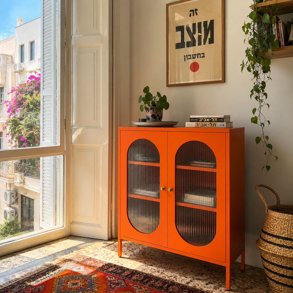מזנון קומודה מתכת דלתות זכוכית בצבע כתום | Ember