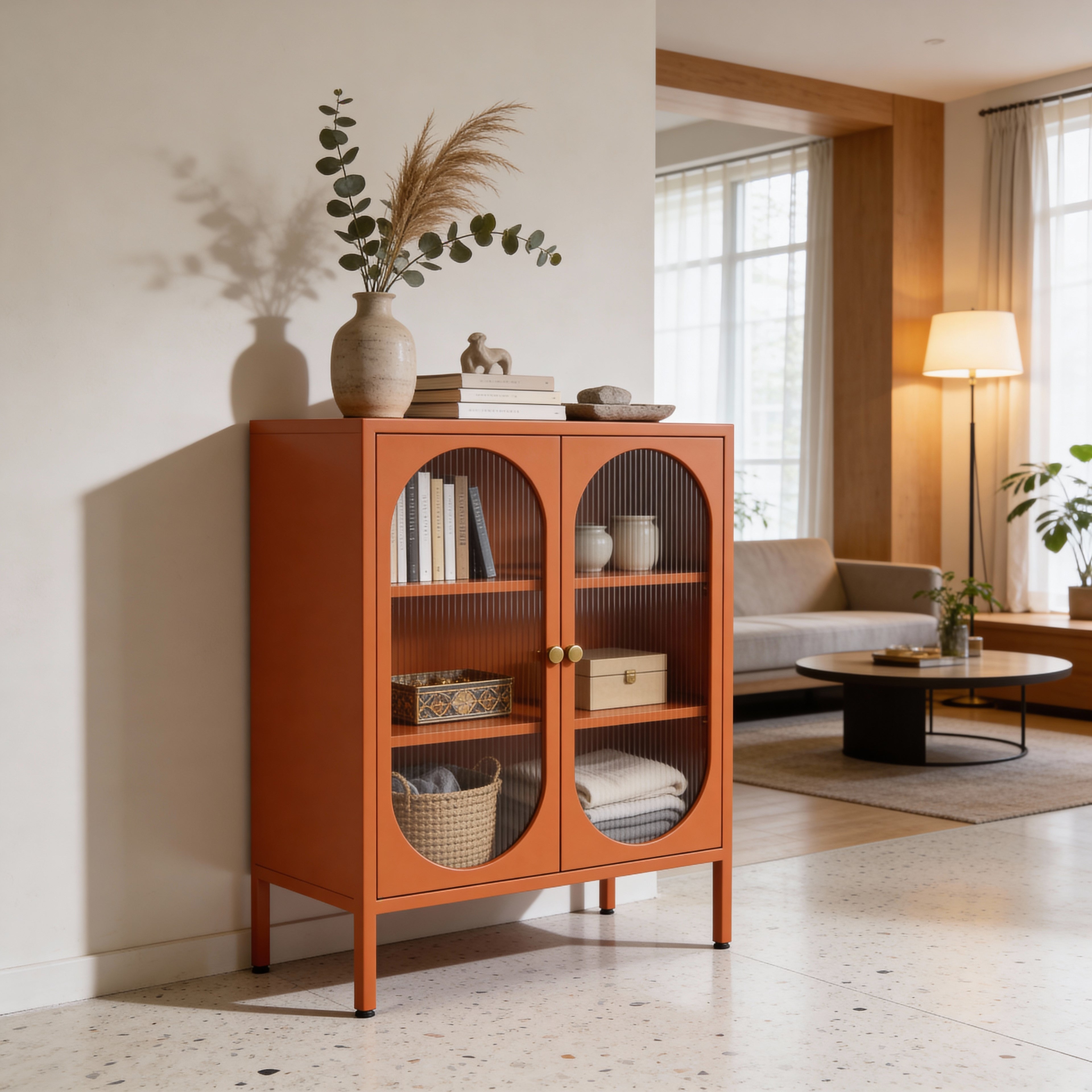 מזנון קומודה מתכת דלתות זכוכית בצבע כתום | Ember