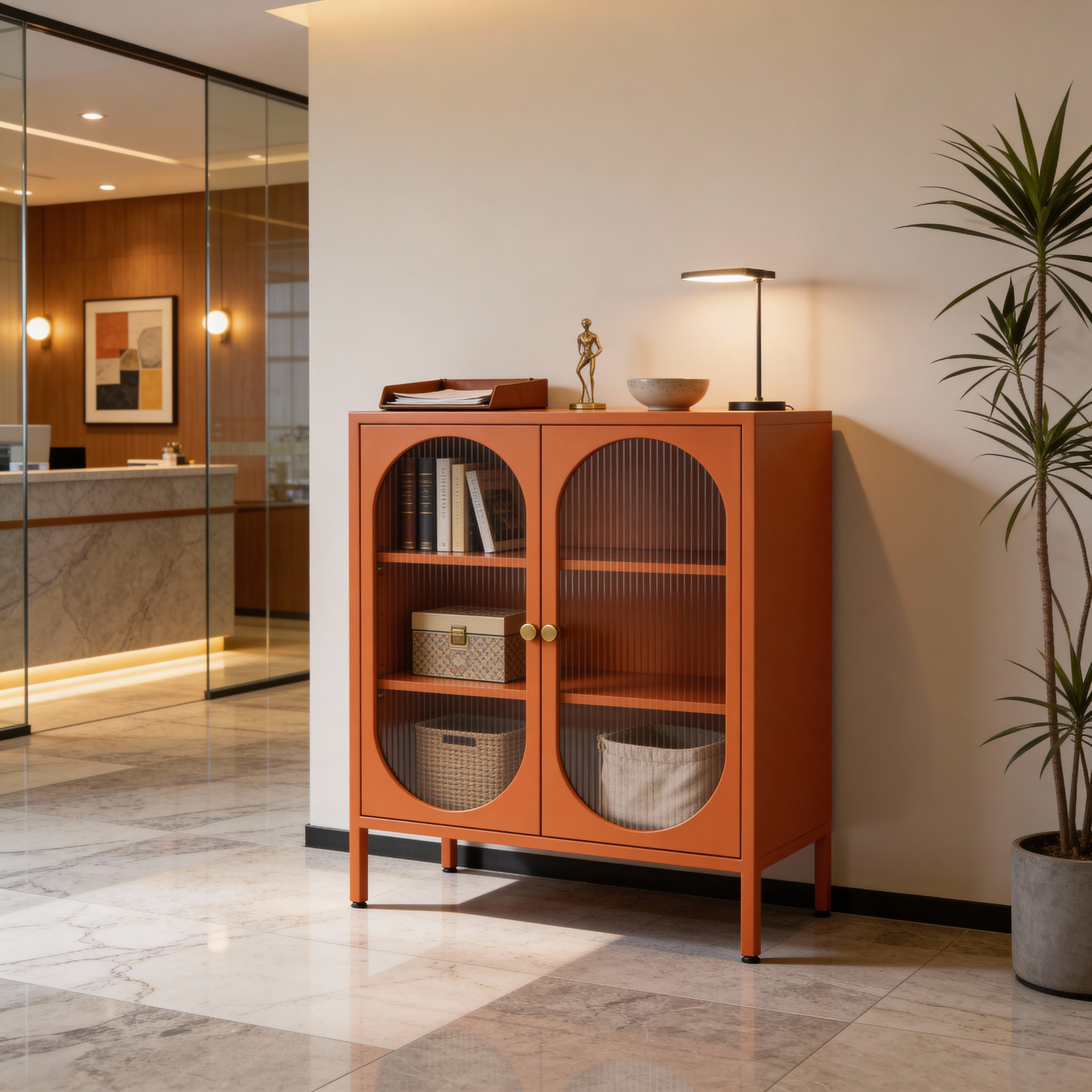 מזנון קומודה מתכת דלתות זכוכית בצבע כתום | Ember