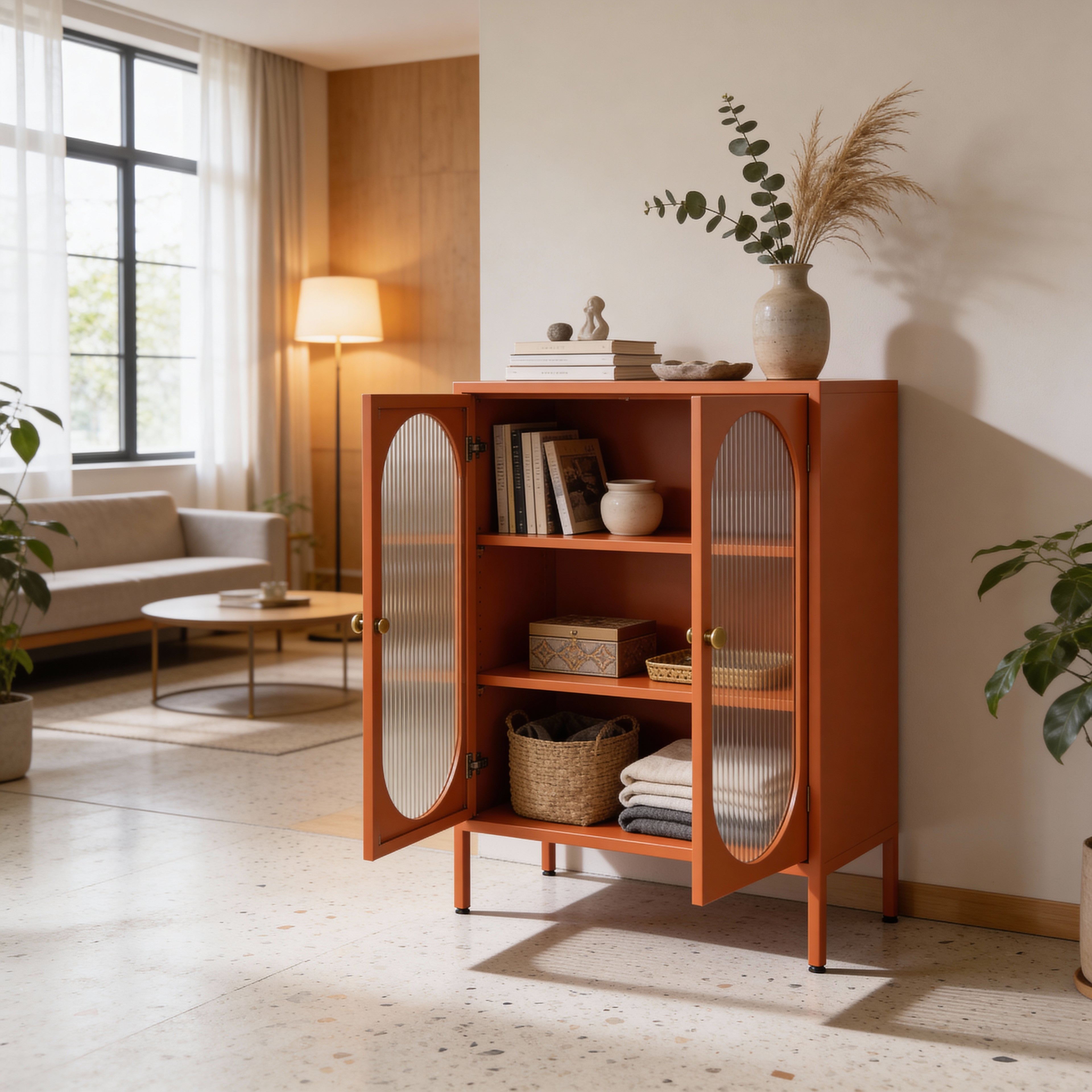 מזנון קומודה מתכת דלתות זכוכית בצבע כתום | Ember